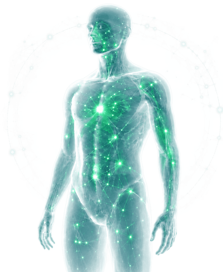 Figura umana con una rete di connessioni luminose