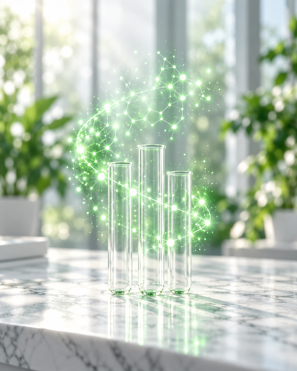 Provette su marmo chiaro con un ologramma verde in un ambiente clinico luminoso