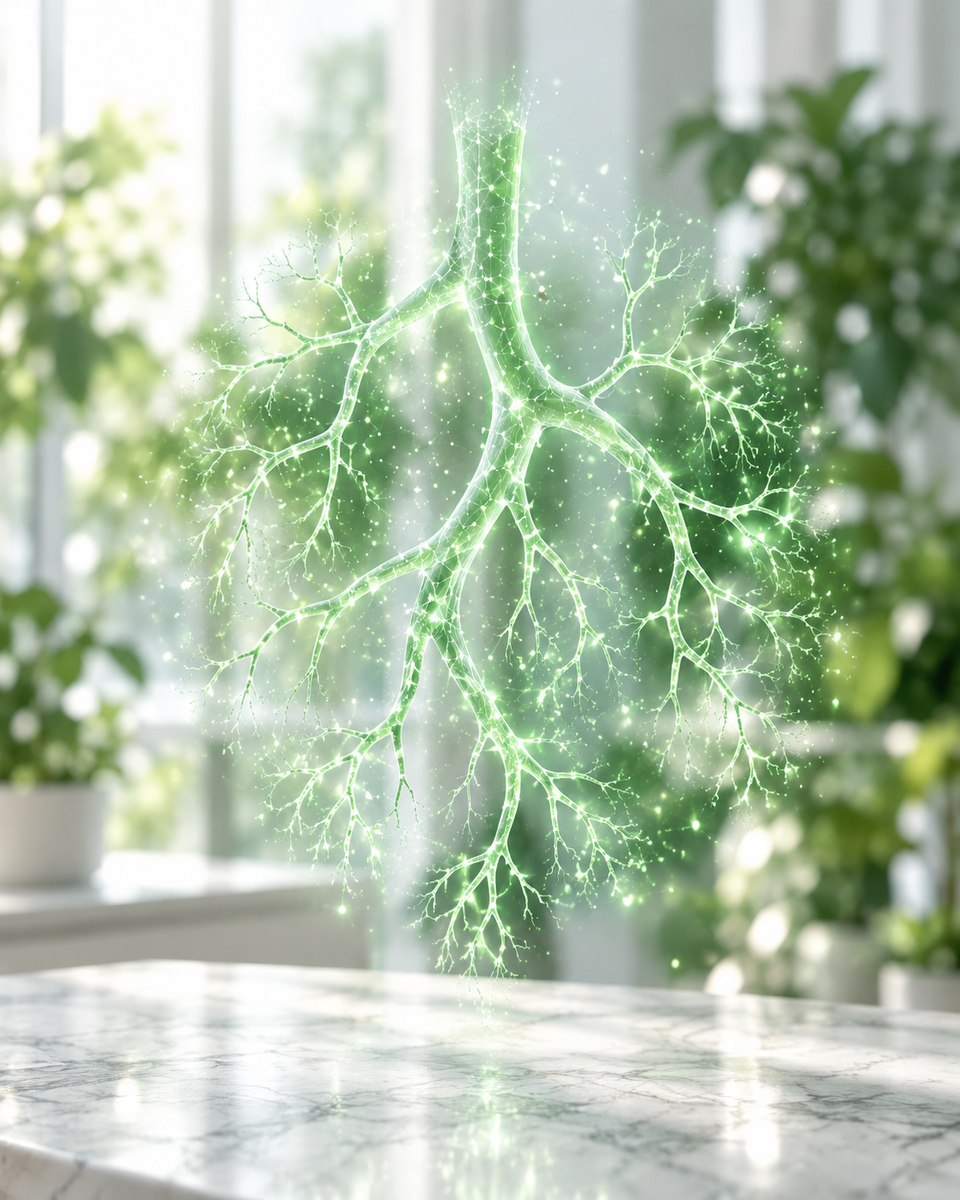 Ologramma verde di vasi sanguigni su una scrivania clinica luminosa