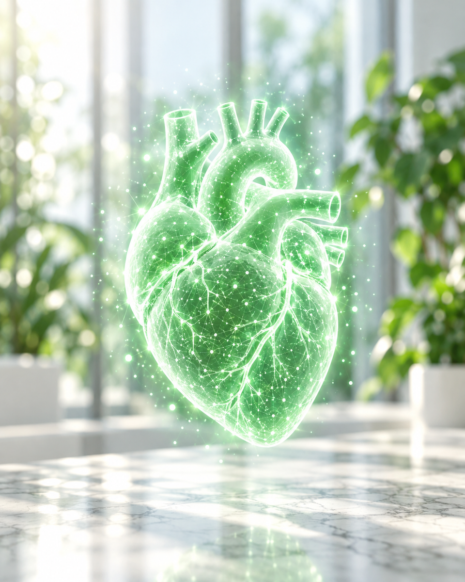 Ologramma verde di un cuore anatomico su una scrivania clinica luminosa