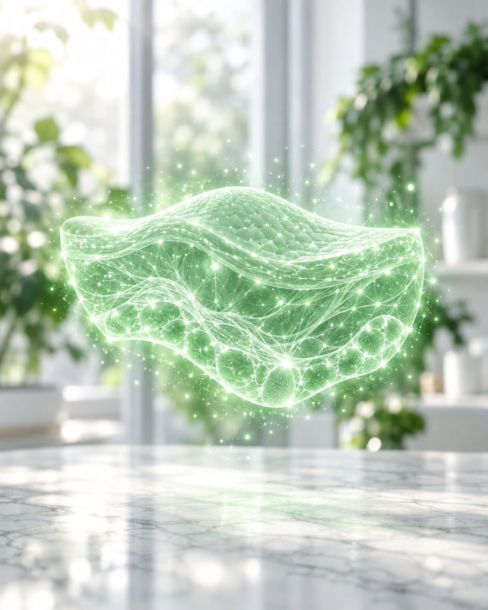 Ologramma verde di una superficie anatomica stilizzata su una scrivania clinica