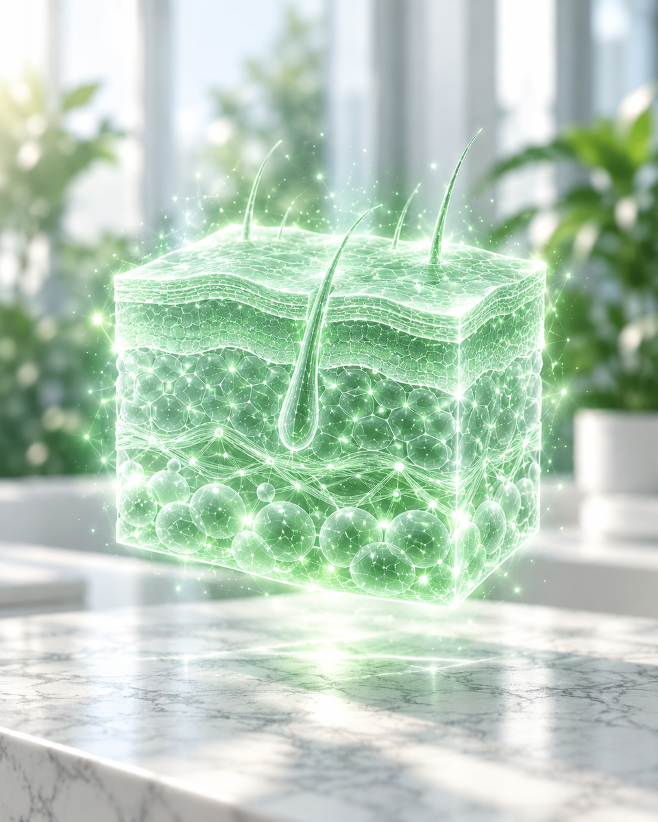 Ologramma verde di strati della pelle su una scrivania clinica luminosa