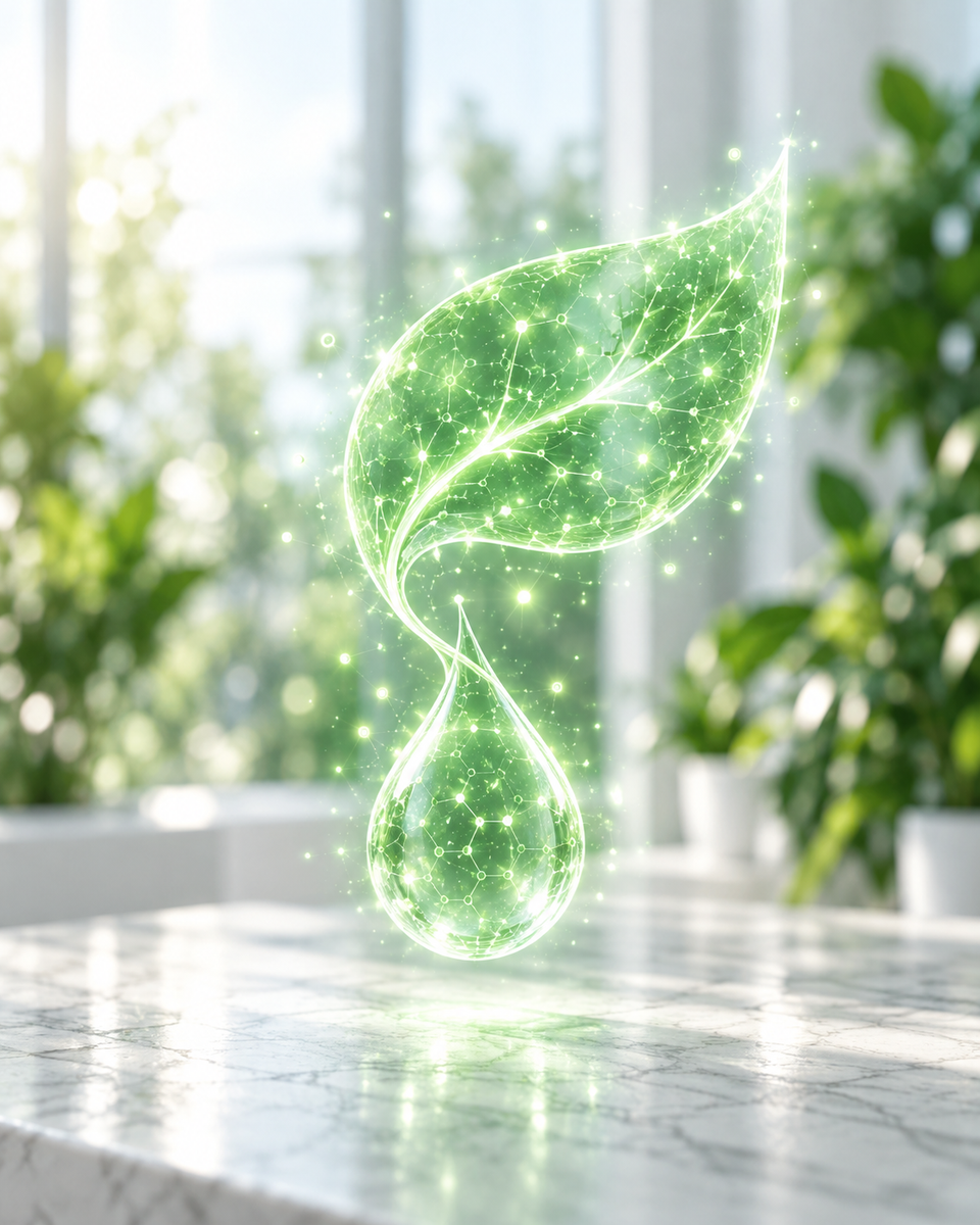 Ologramma verde di una foglia e una goccia sopra una scrivania clinica