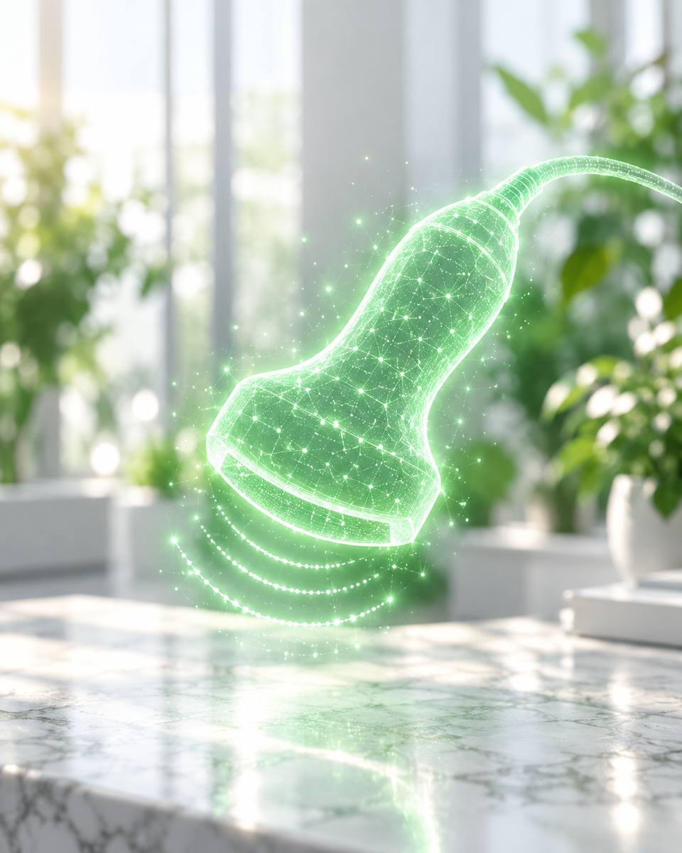 Ologramma verde di una sonda ecografica con un arco di onde su un tavolo clinico