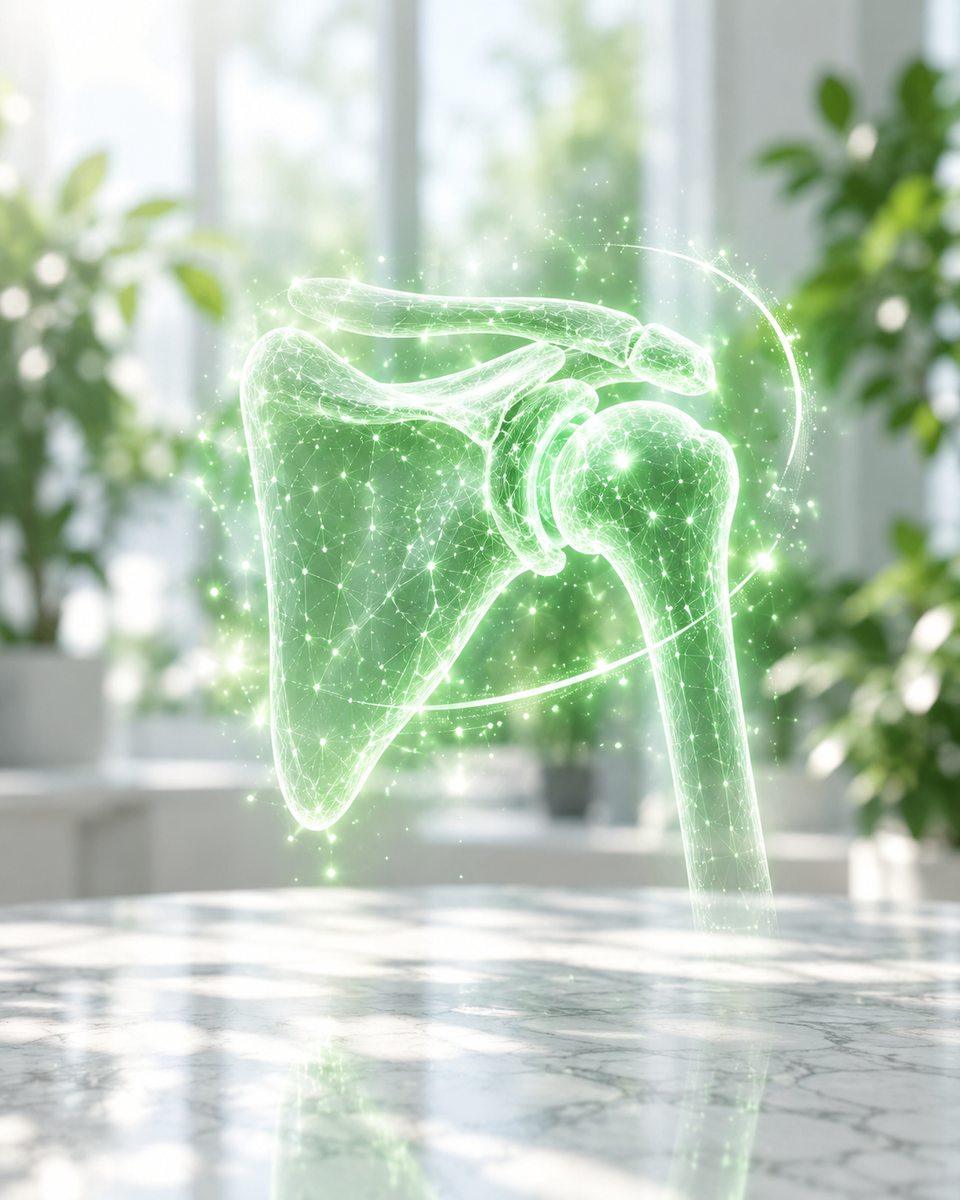 Ologramma verde di una spalla e del movimento articolare su una scrivania clinica