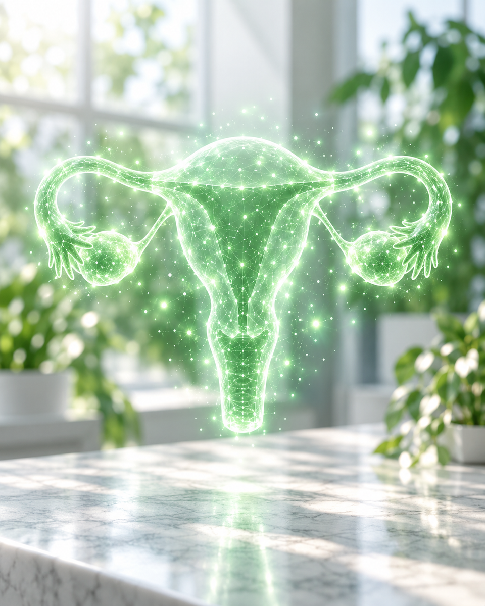 Ologramma verde dell’apparato riproduttivo femminile su una scrivania clinica