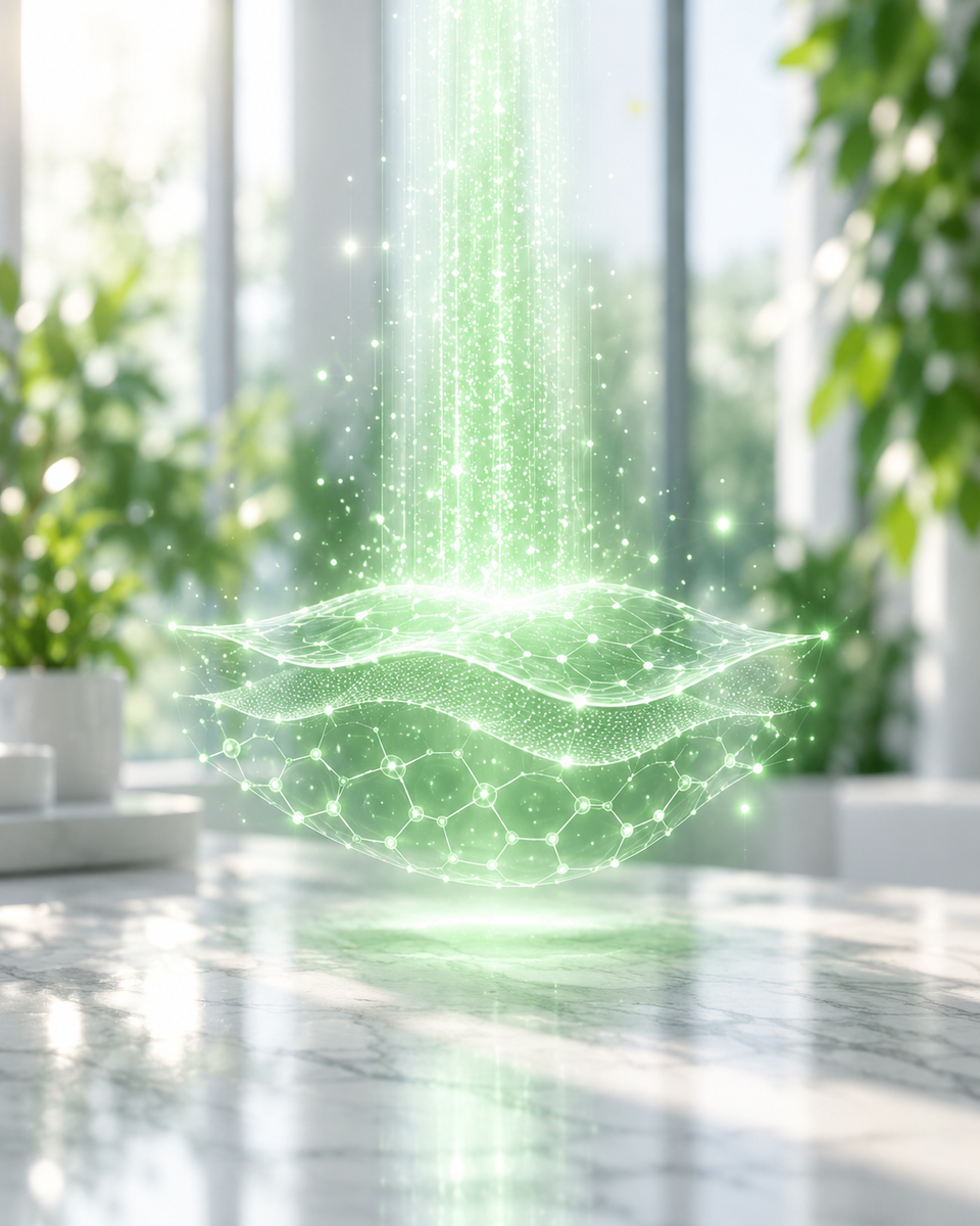 Ologramma verde di un fascio luminoso sopra strati cutanei su un tavolo clinico