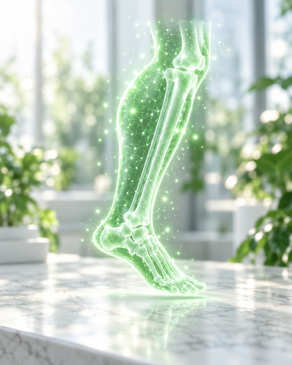 Ologramma verde di una gamba e un piede in movimento su una scrivania clinica luminosa