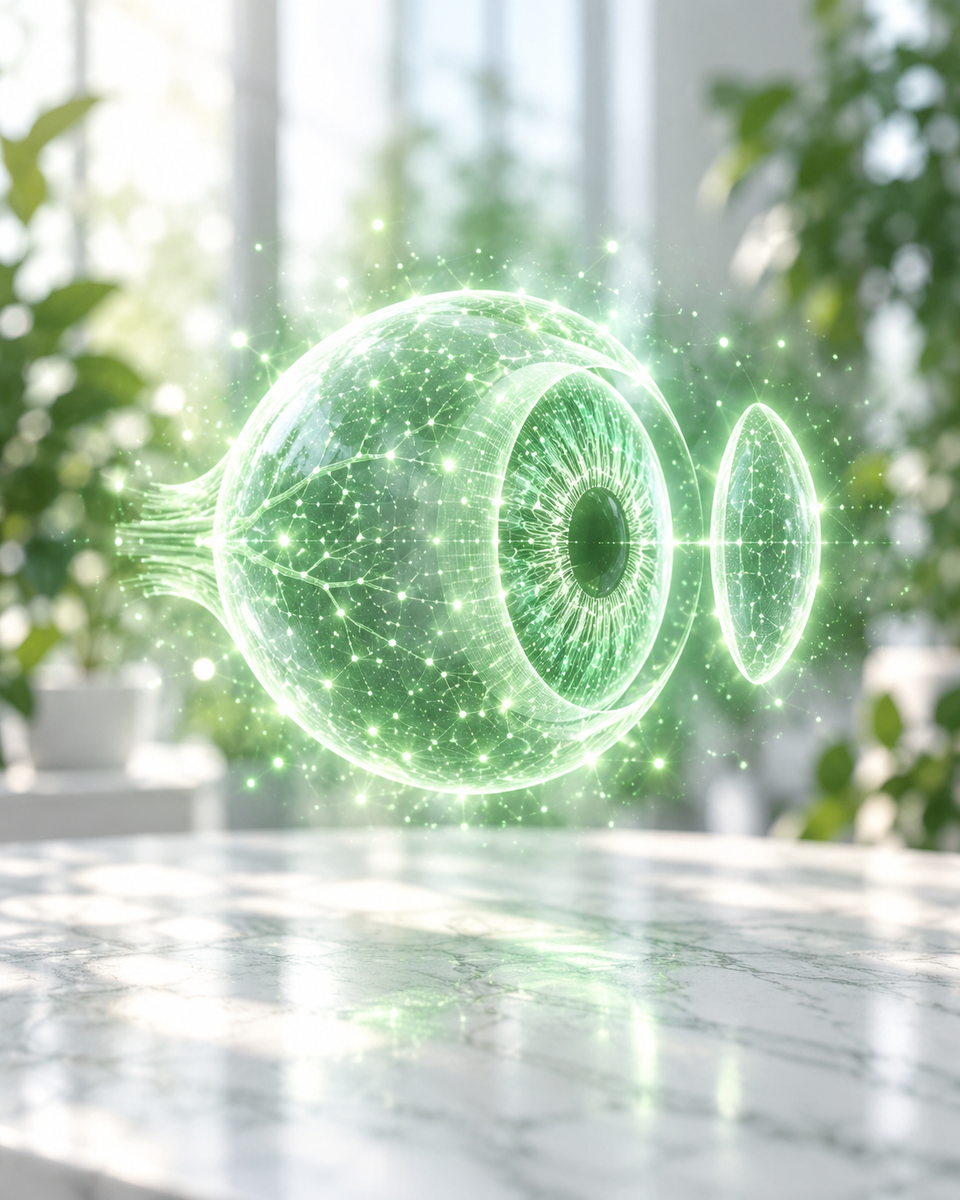 Ologramma verde di un occhio e una lente su una scrivania clinica