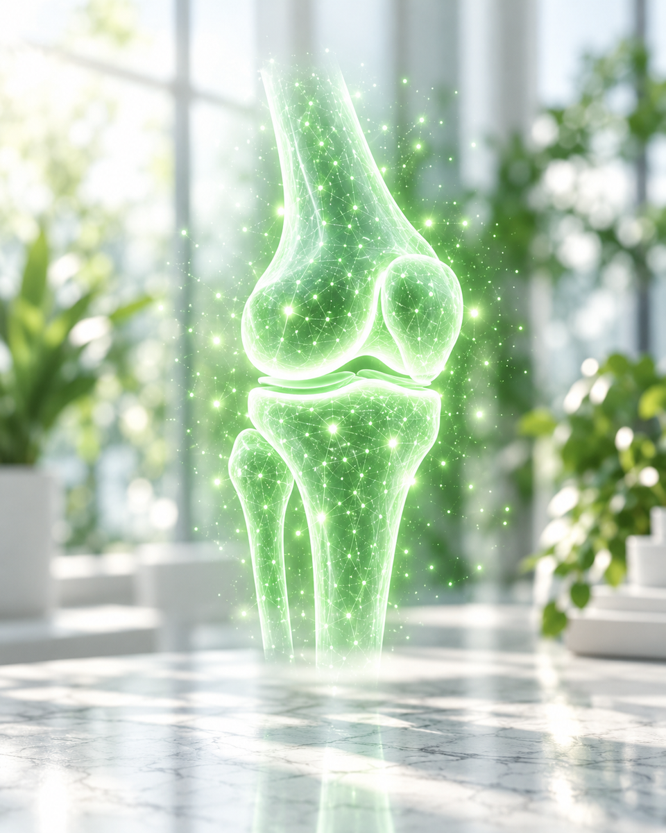 Ologramma verde di un’articolazione del ginocchio su una scrivania clinica