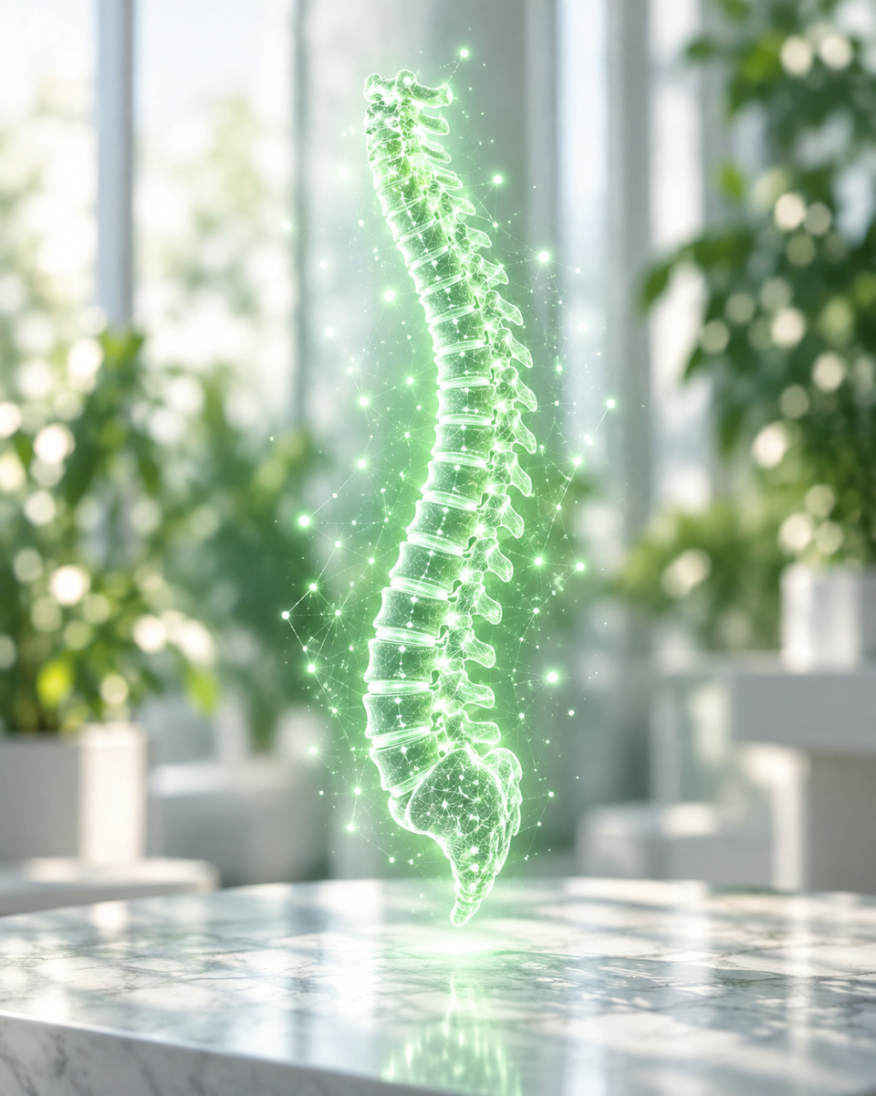 Ologramma verde della colonna vertebrale su una scrivania clinica luminosa