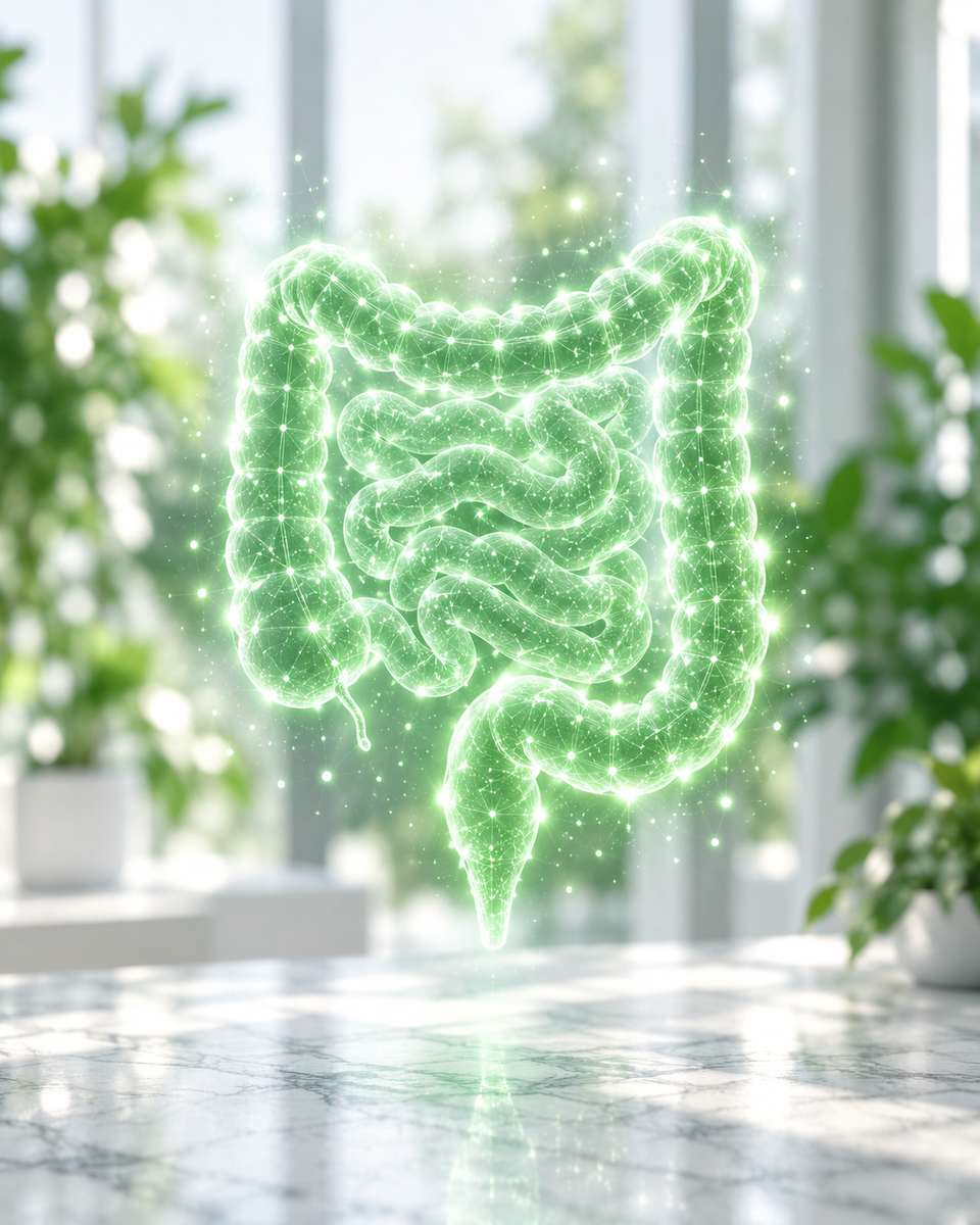 Ologramma verde stilizzato di un tratto intestinale su una scrivania clinica