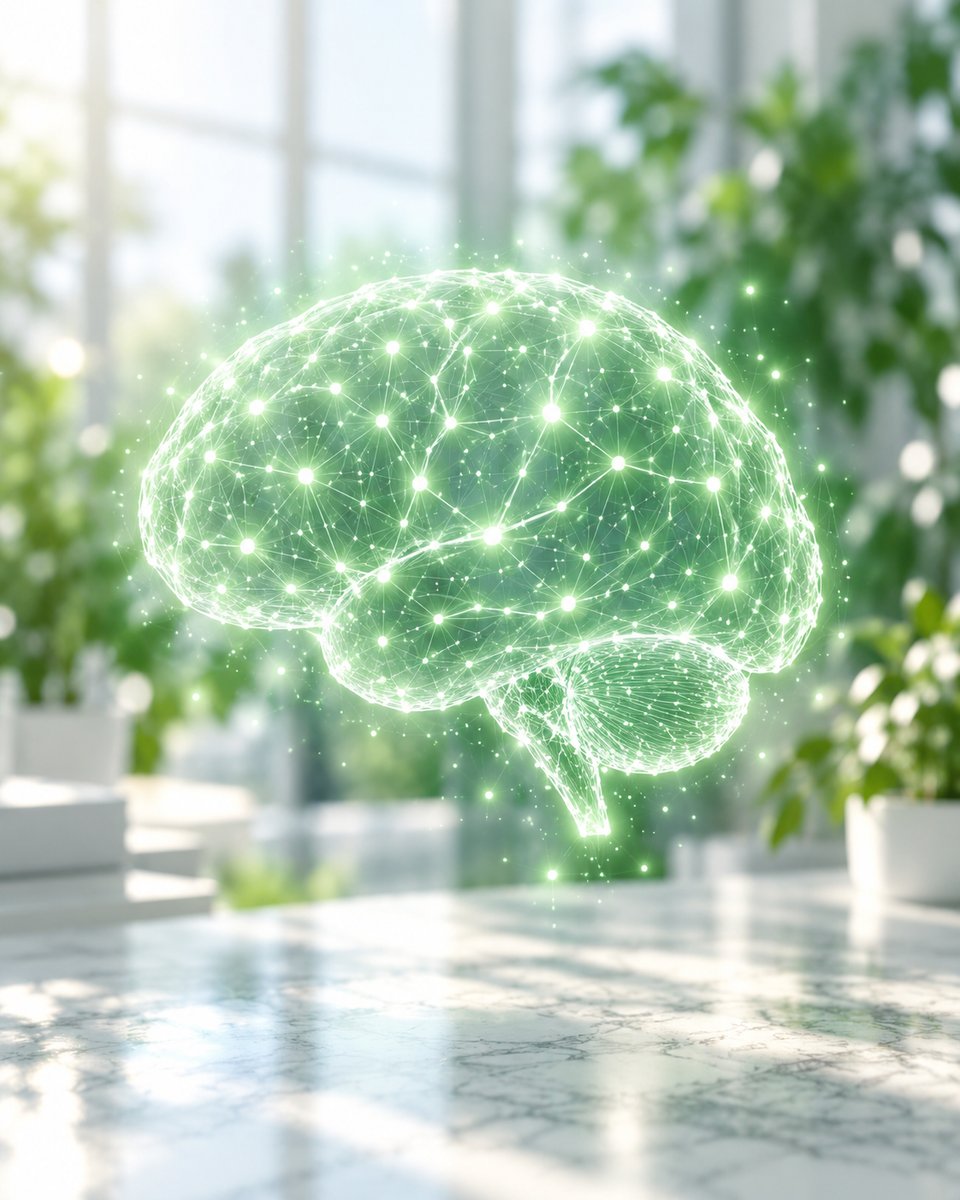 Ologramma verde di una rete di connessioni su una scrivania clinica luminosa