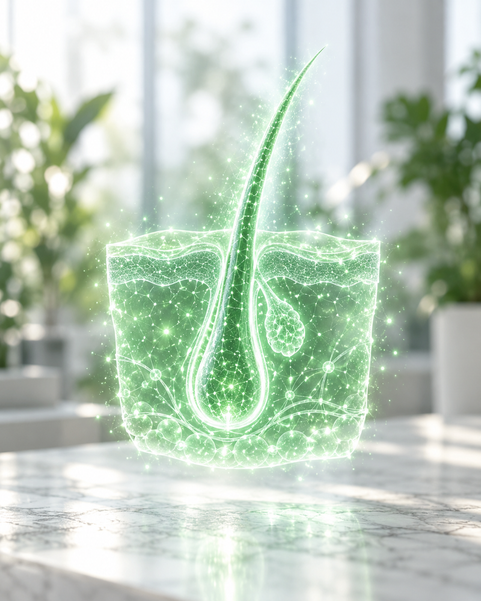 Ologramma verde di un follicolo pilifero su una scrivania clinica luminosa