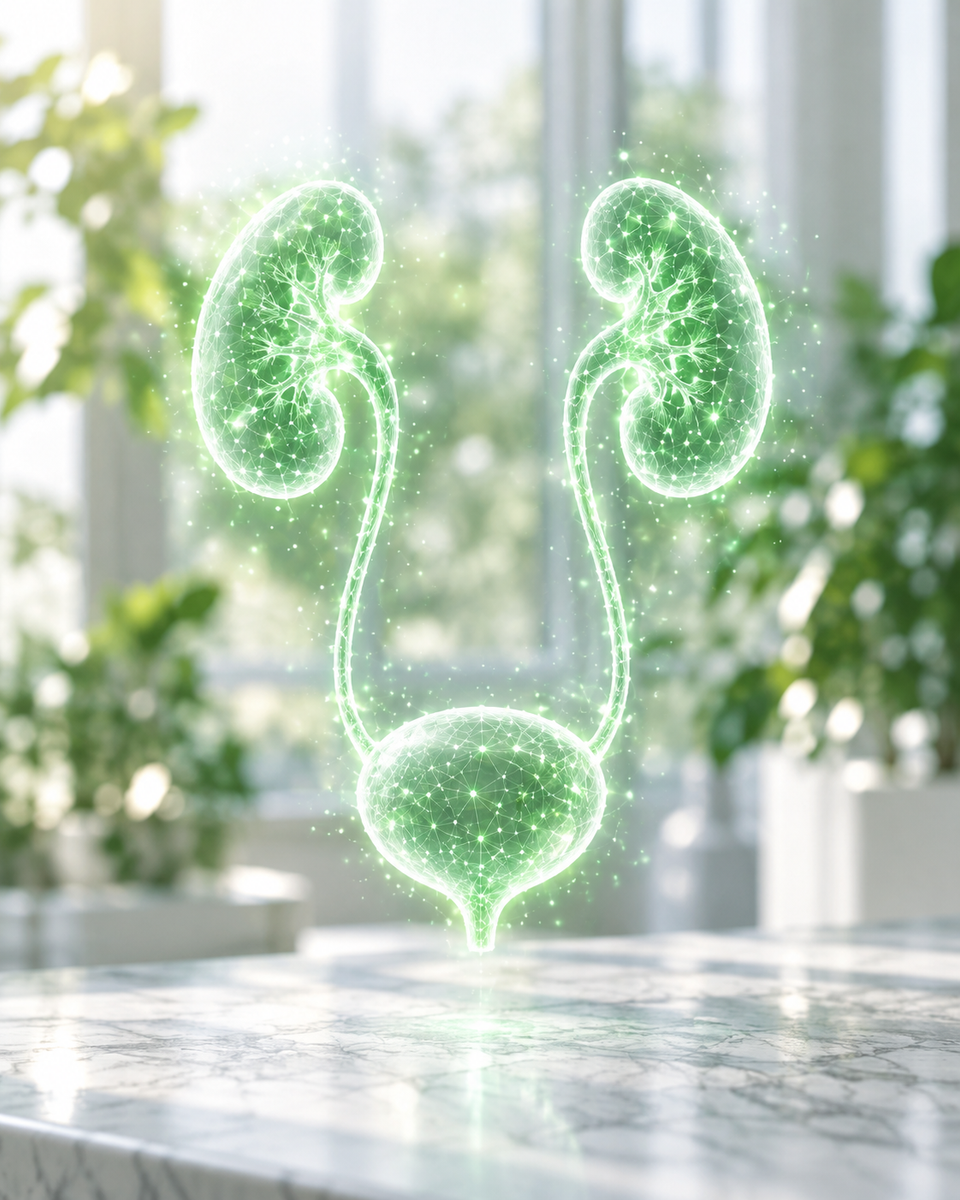 Ologramma verde dell’apparato urinario su una scrivania clinica luminosa
